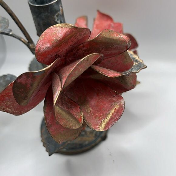 Metal Candle Holder Aged Welded Rustic Patina Pink Metallic Gold Roses w/ Leaves - Picture 12 of 17